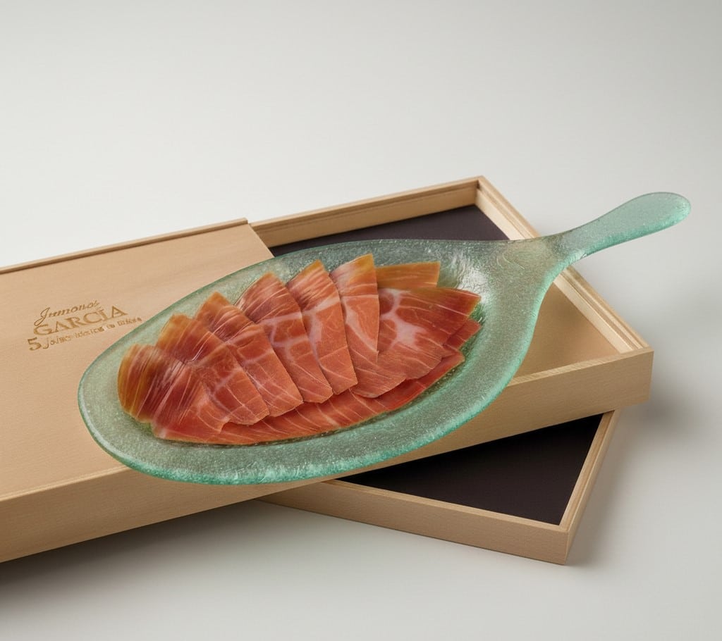 caja de madera personalizada con bandeja de vidrio con forma de jamon