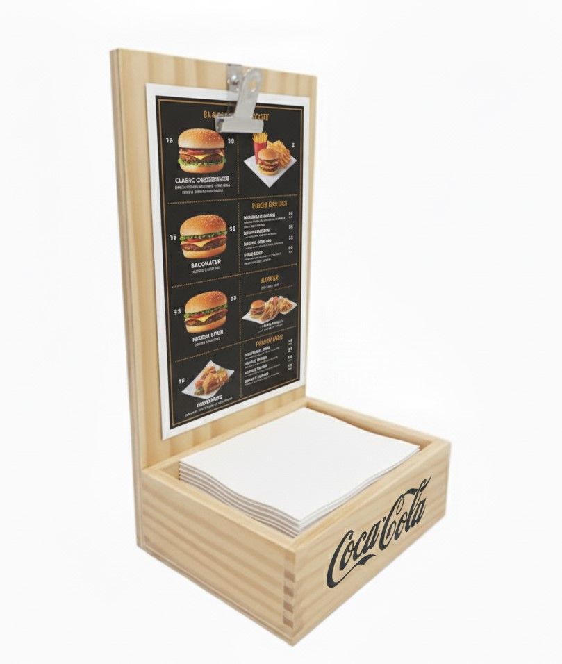 servilletro con portacartas provisto de pinza para poder colgar el menu o el listado de bocadillos, se puede fabricar para la servilleta miniservices o bien para la servilleta 20x20