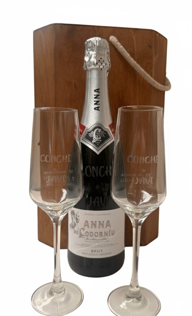 caja regalo con las dos copas y la botella