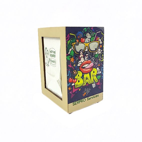 servilletero cubo para bares fabricado en madera FSC personalizable con dtf uv, laser o impresion digital