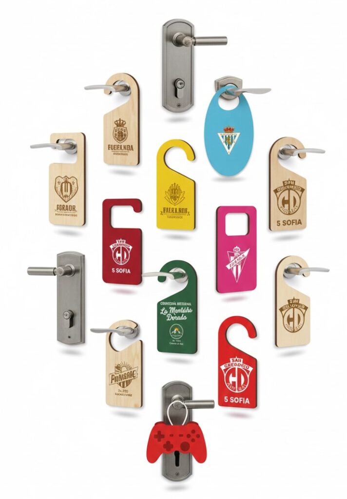 cuelgas puertas fabricados en madera con la posibilidad de personalizar tanto en el color como el texto en el suelo instagram