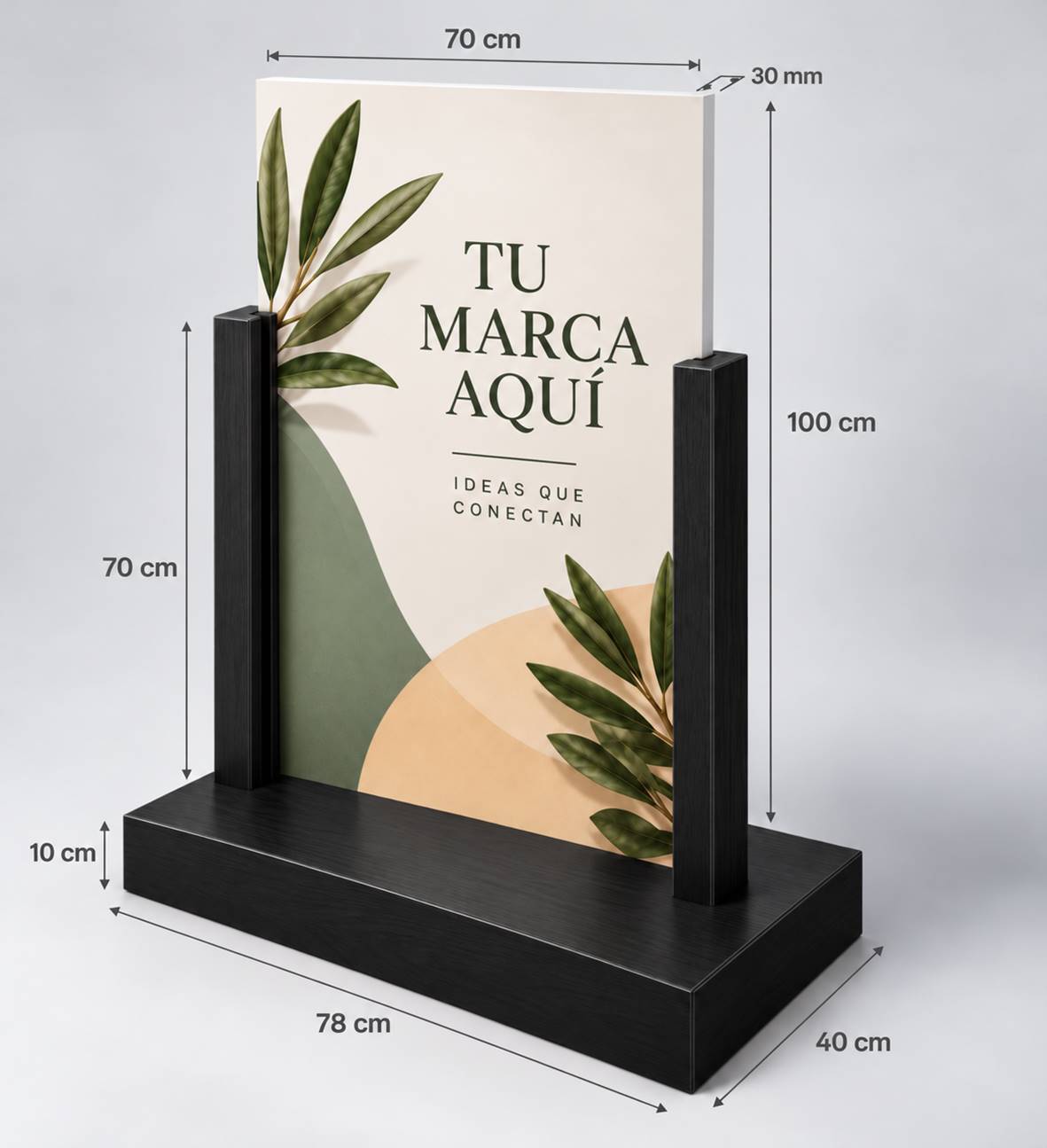 Expositor publicitario de suelo 78x40×10 cm . Postes ranurados 70 cm para cartel intercambiable 100×70×3 cm.