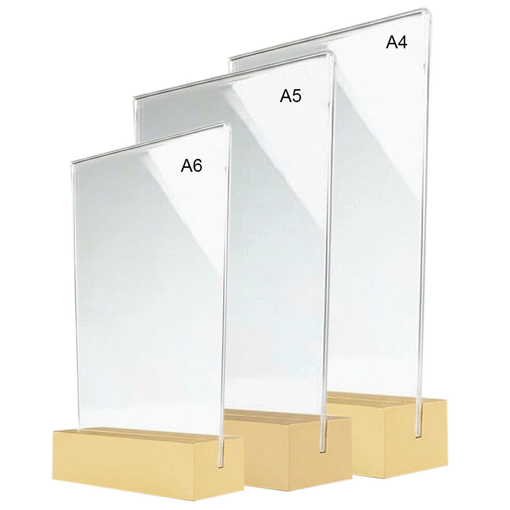Portacarteles A6 con base de madera y soporte acrílico transparente