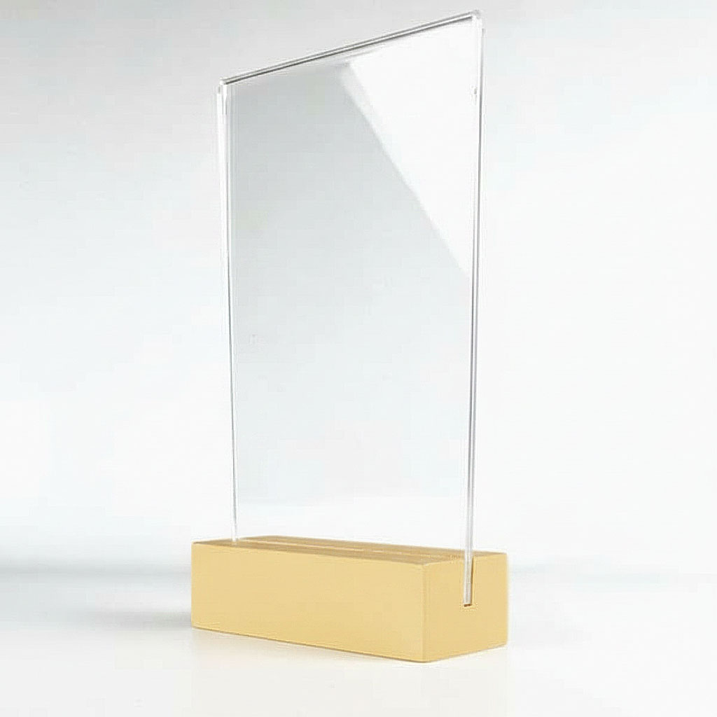 Portacarteles A6 con base de madera y soporte acrílico transparente